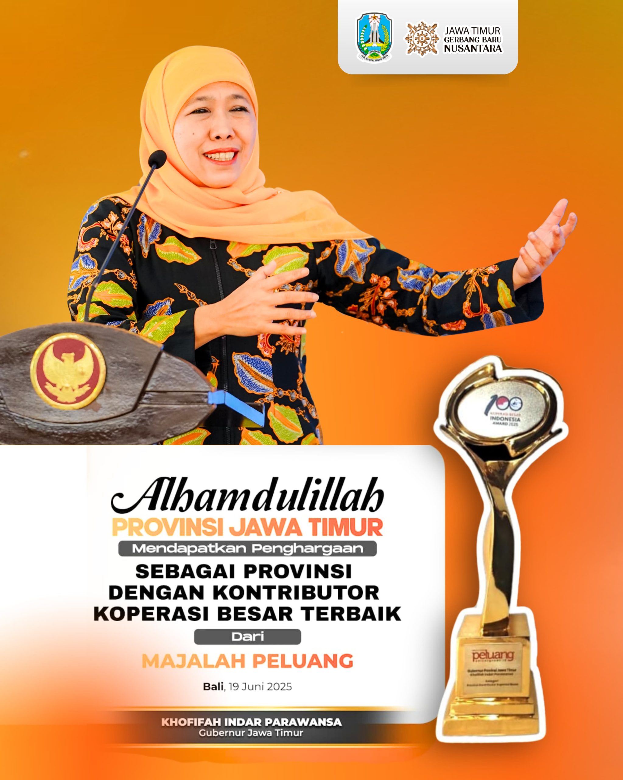 Raih Penghargaan Kontributor Koperasi Besar Terbaik, Gubernur Khofifah: 28.534 Kopersi di Jatim Gerakkan Ekonomi Kerakyatan