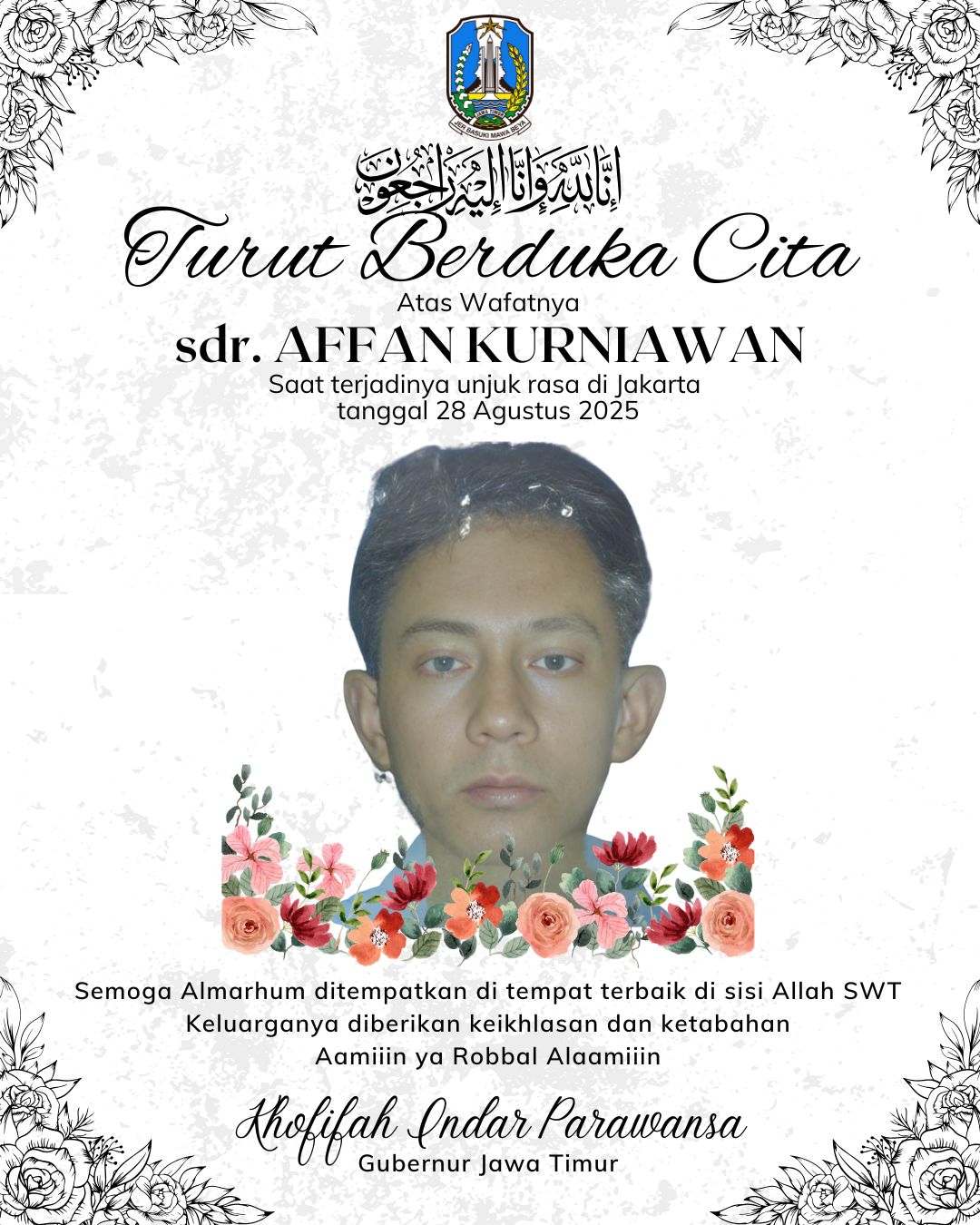 Pemprov Jatim Gelar Sholat Ghoib untuk Almarhum Affan Kurniawan di Masjid Al Akbar Surabaya