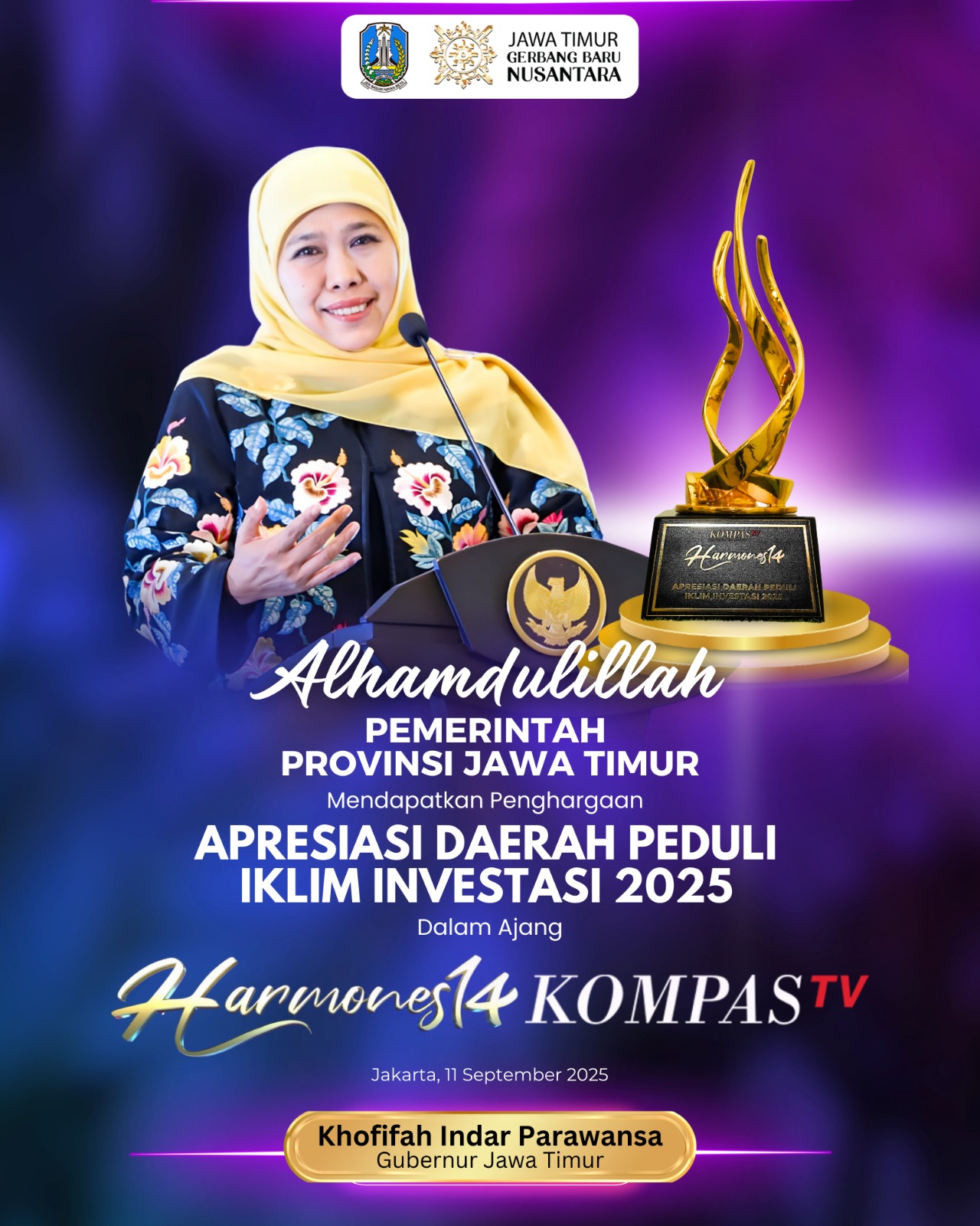 Gubernur Khofifah Ungkap Efisiensi Investasi di Jatim Usai Raih Raih Penghargaan Nasional dari KompasTV