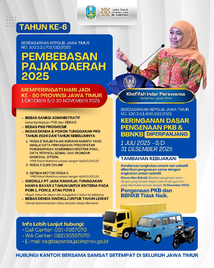 Pembebasan PKB dan BBNKB Jadi Kado Ulang Tahun Jatim ke-80 dari Gubernur Khofifah