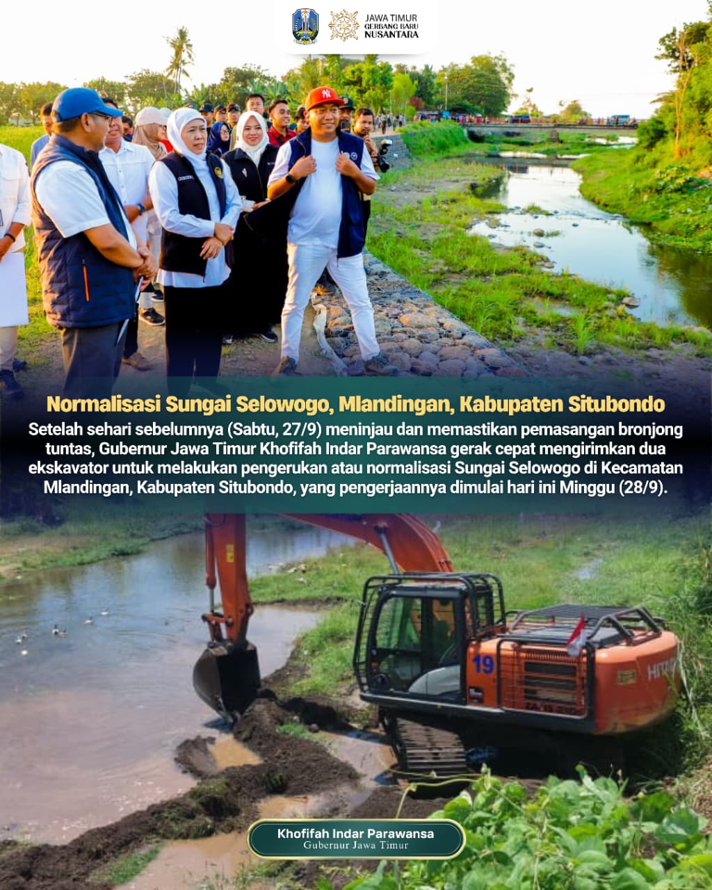 Gubernur Khofifah Gerak Cepat Cegah Banjir, Dua Ekskavator Diterjunkan Normalisasi Sungai Selowogo Situbondo