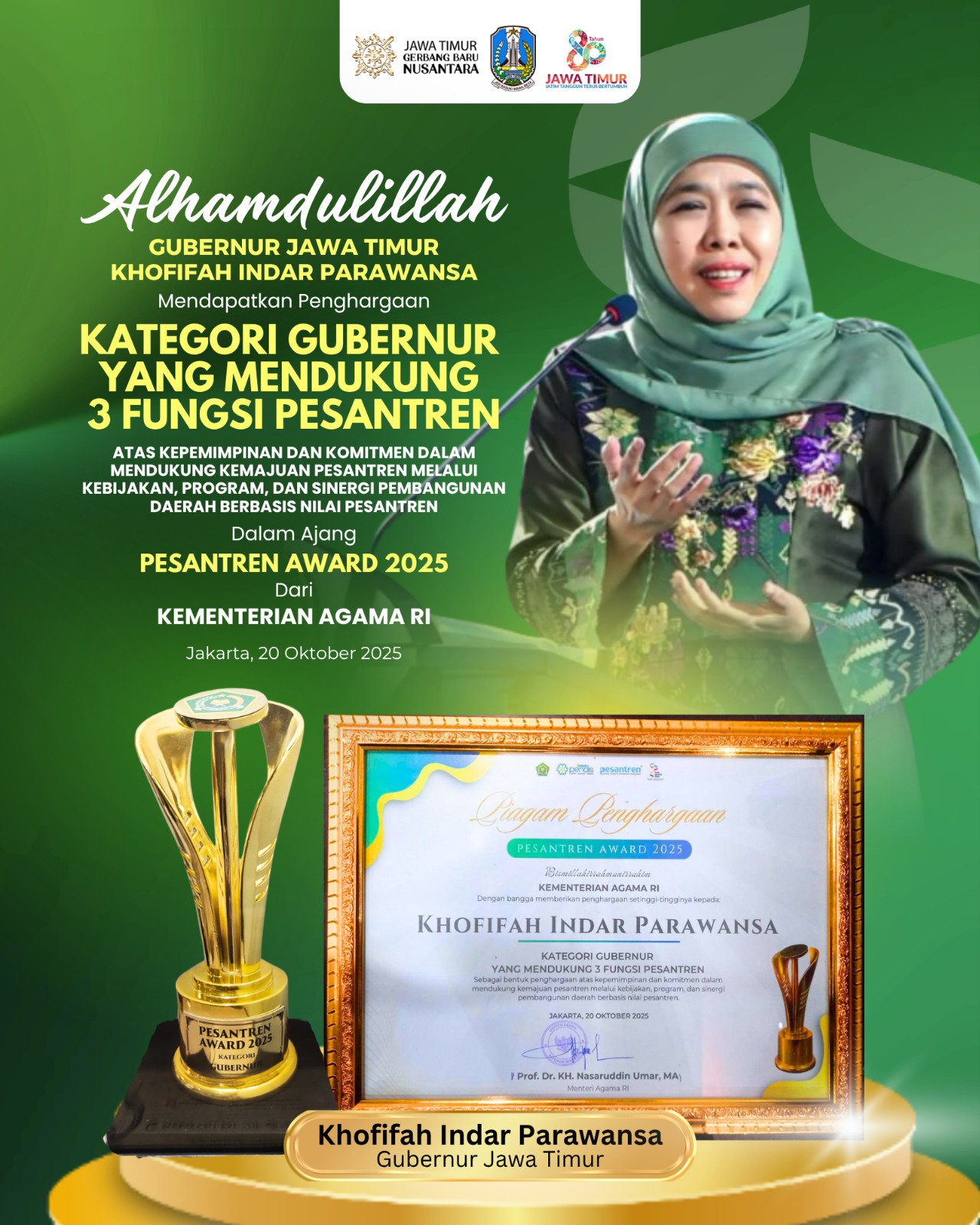 Gubernur Khofifah Dinobatkan Sebagai Gubernur Pendukung Pesantren Terbaik di Indonesia