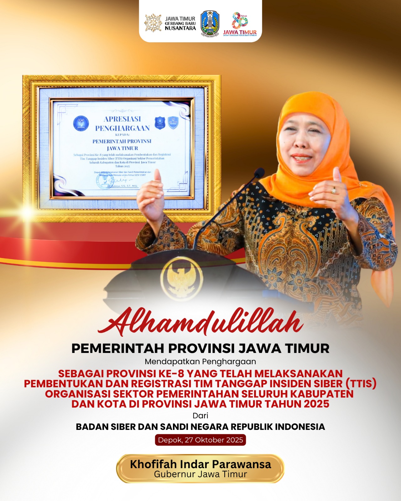 Gubernur Khofifah Raih Apresiasi BSSN Atas Pembentukan TTIS di Seluruh Daerah, Jatim Jadi Provinsi Ke-8 Terlengkap di Indonesia