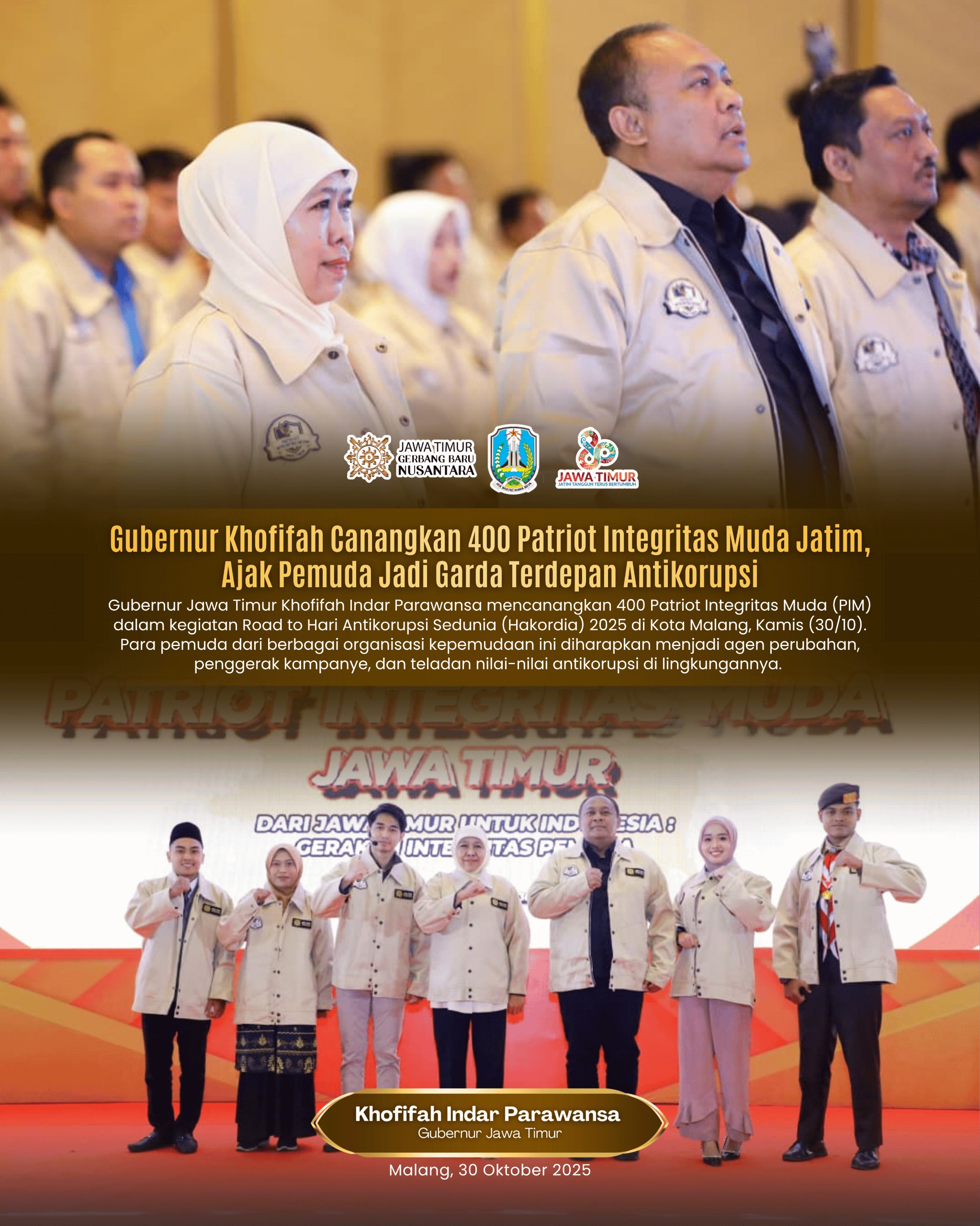 Gubernur Khofifah Serukan Gerakan Kolektif Pemuda Lawan Korupsi Lewat Patriot Integritas Muda