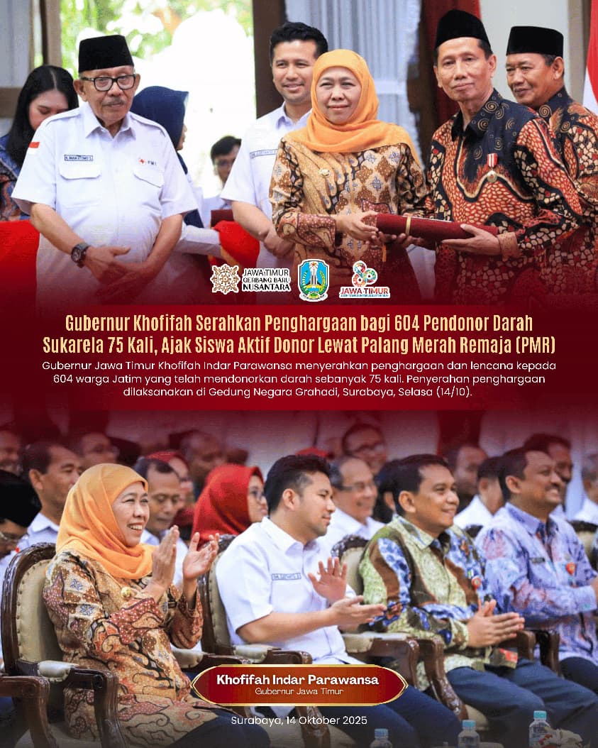 Gubernur Khofifah Serahkan Penghargaan untuk Pendonor 75 Kali, Tekankan Donor Darah Sebagai Gerakan Kemanusiaan