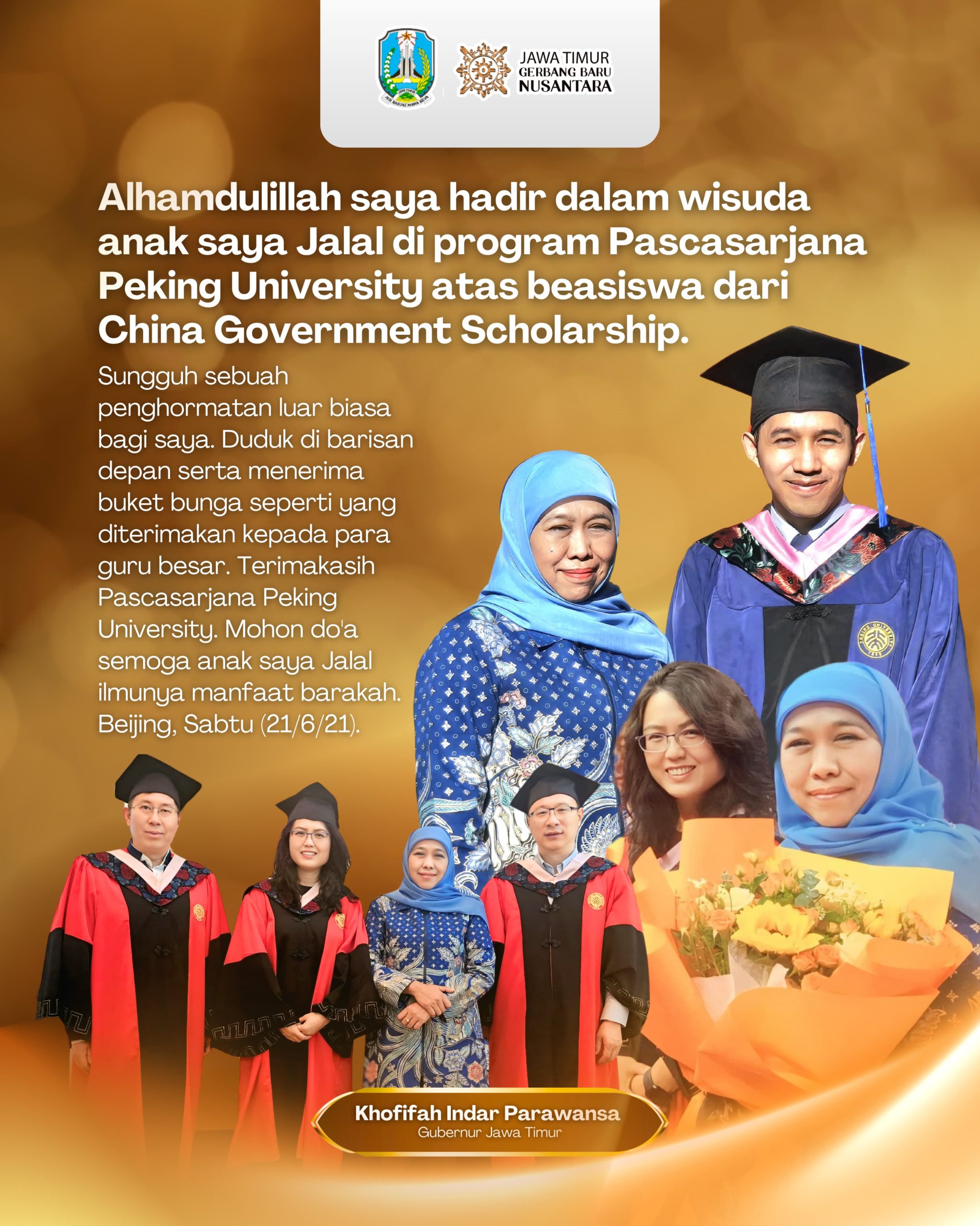 Hadiri Wisuda Sang Putra, Gubernur Khofifah Jadi Tamu Kehormatan di Peking University Tiongkok