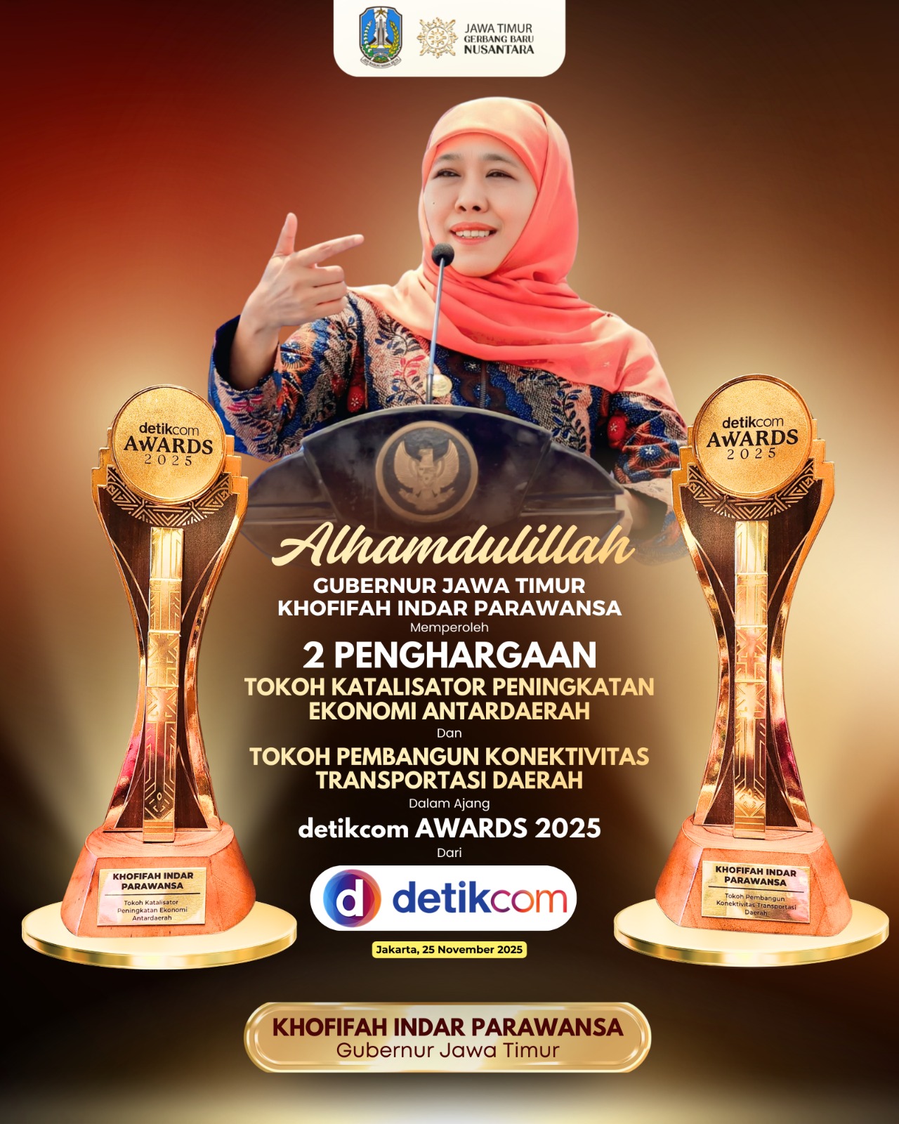 Gubernur Khofifah Borong Dua Penghargaan Nasional, Bukti Keberhasilan Jatim Dorong Ekonomi Rakyat dan Konektivitas Daerah