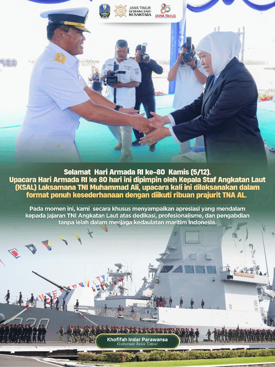 Gubernur Khofifah Tegaskan Sinergi Pemprov dan TNI AL untuk Pengamanan Laut hingga Logistik Bencana