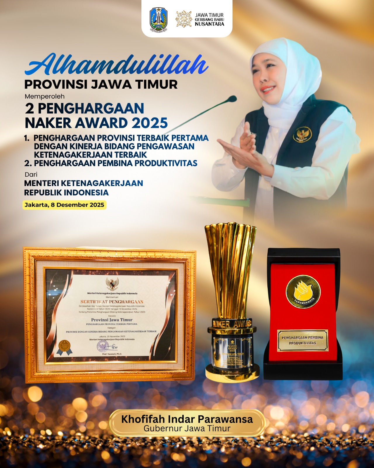 Gubernur Khofifah Kembali Ukir Rekor Pembina Produktivitas, Jatim Jadi Motor Ekonomi Nasional yang Berdaya Saing Global