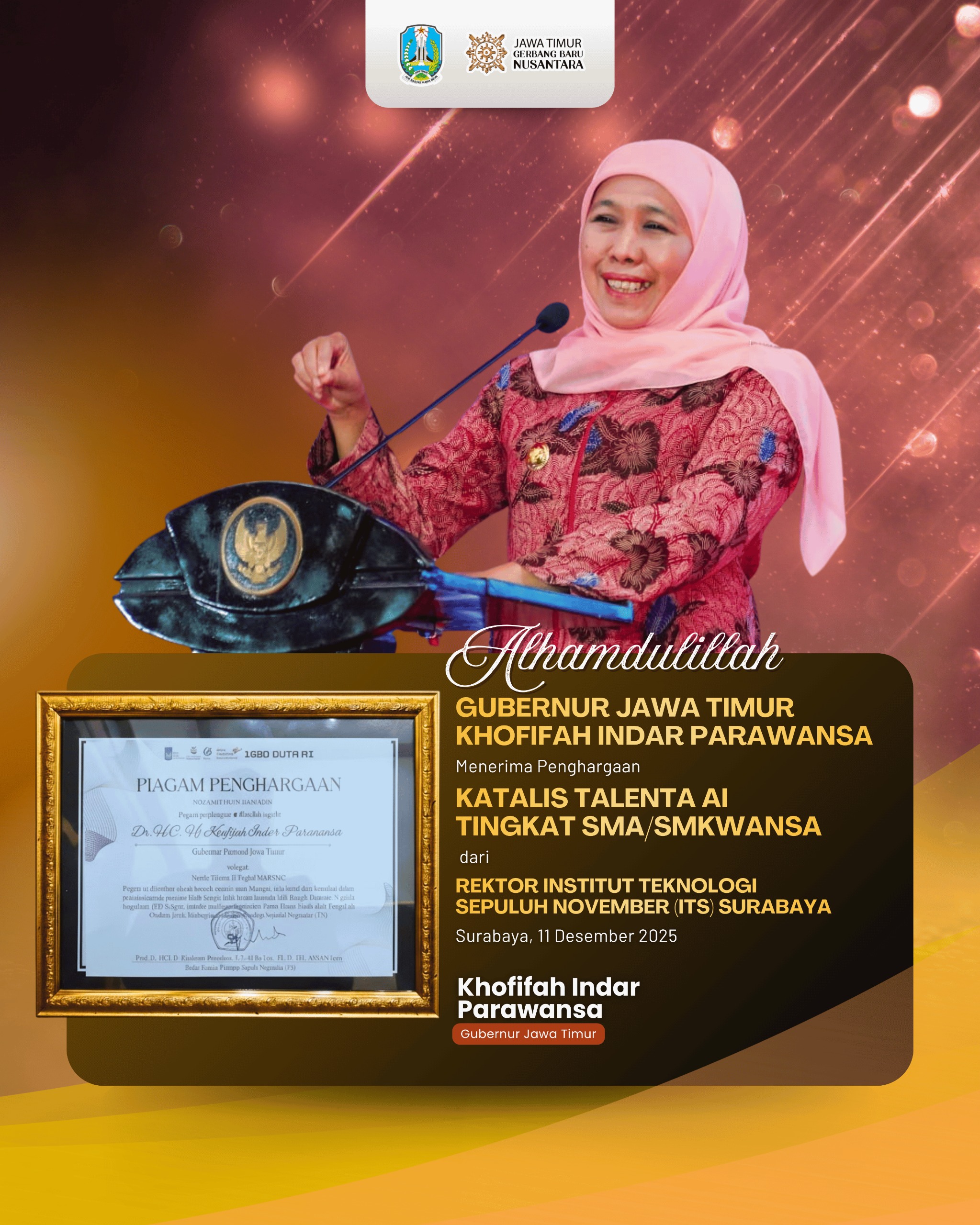 Gubernur Khofifah Terima Penghargaan Katalis Talenta AI, Perkuat Arah Pendidikan SMA/SMK Jatim Menuju Pencipta Teknologi