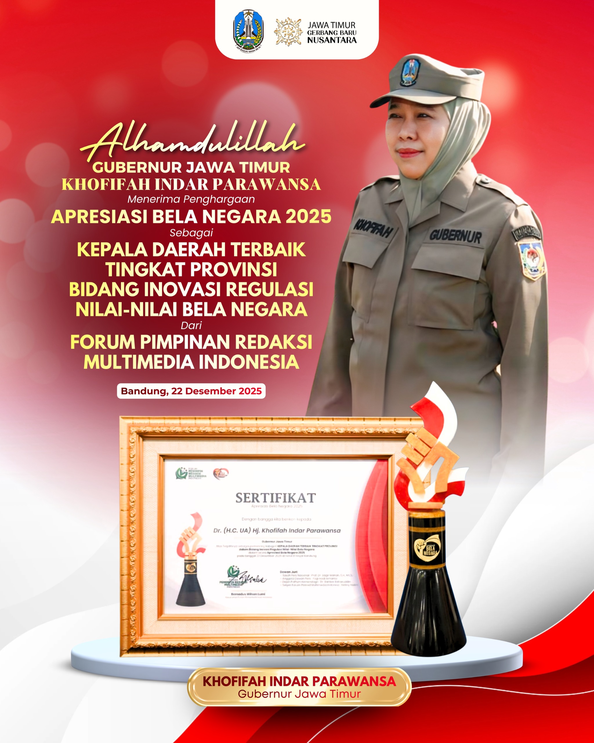 FPRMI Anugerahkan Penghargaan Kepala Daerah Terbaik kepada Gubernur Khofifah atas Komitmen Bela Negara
