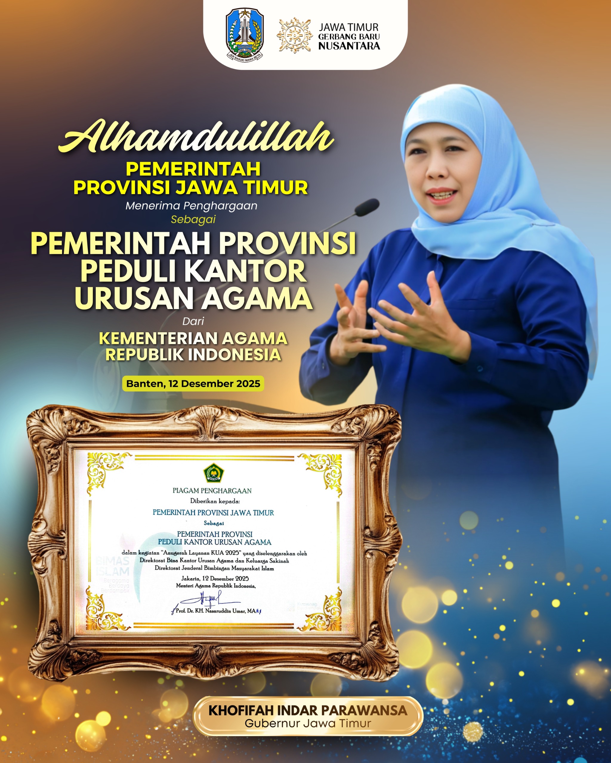 Gubernur Khofifah Apresiasi Anugerah Provinsi Peduli KUA, Perkuat Sinergi Pemprov Jatim dan Kemenag Bangun Ketahanan Keluarga