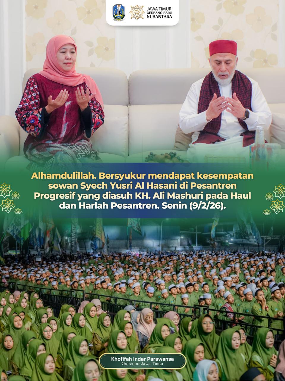 Gubernur Khofifah: Haul dan Harlah Momentum Refleksi Nilai Perjuangan dan Keikhlasan Pesantren
