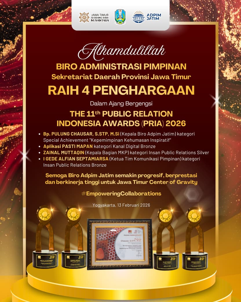 Empat Penghargaan PRIA 2026 Diraih Sekaligus, Biro Adpim Jatim Tunjukkan Tata Kelola Komunikasi Publik Berbasis Inovasi