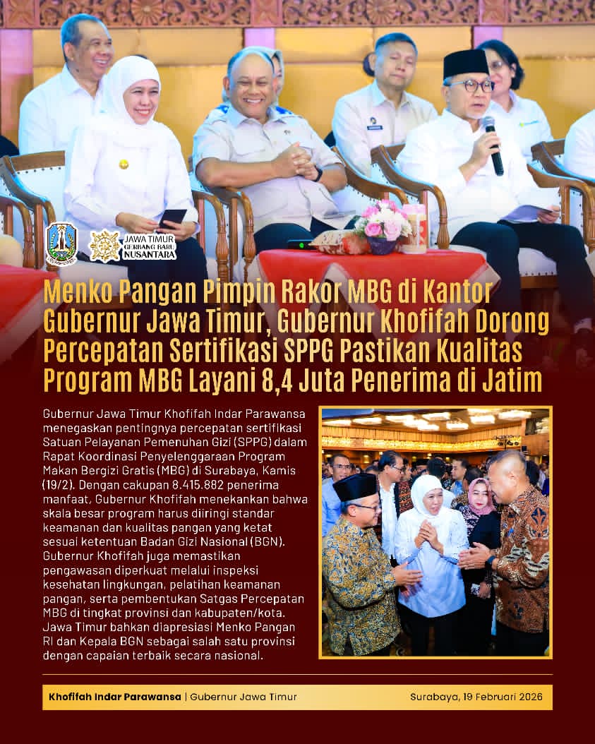 Gubernur Khofifah Apresiasi Capaian SLHS Jatim Tertinggi Nasional dalam Rakor MBG Bersama Menko Pangan