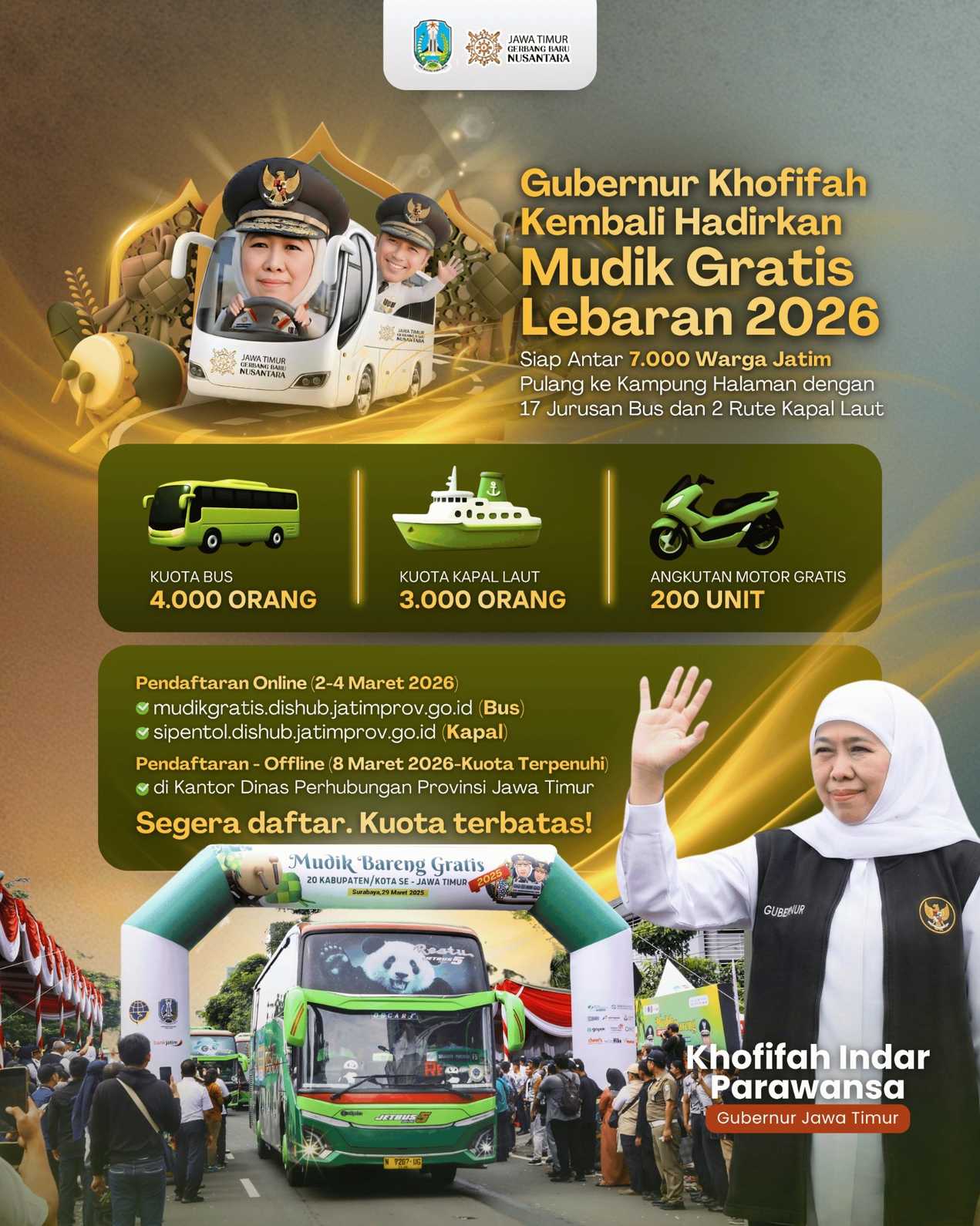 Gubernur Khofifah Sediakan 17 Jurusan Bus dan Dua Rute Kapal Laut untuk Mudik Gratis 2026