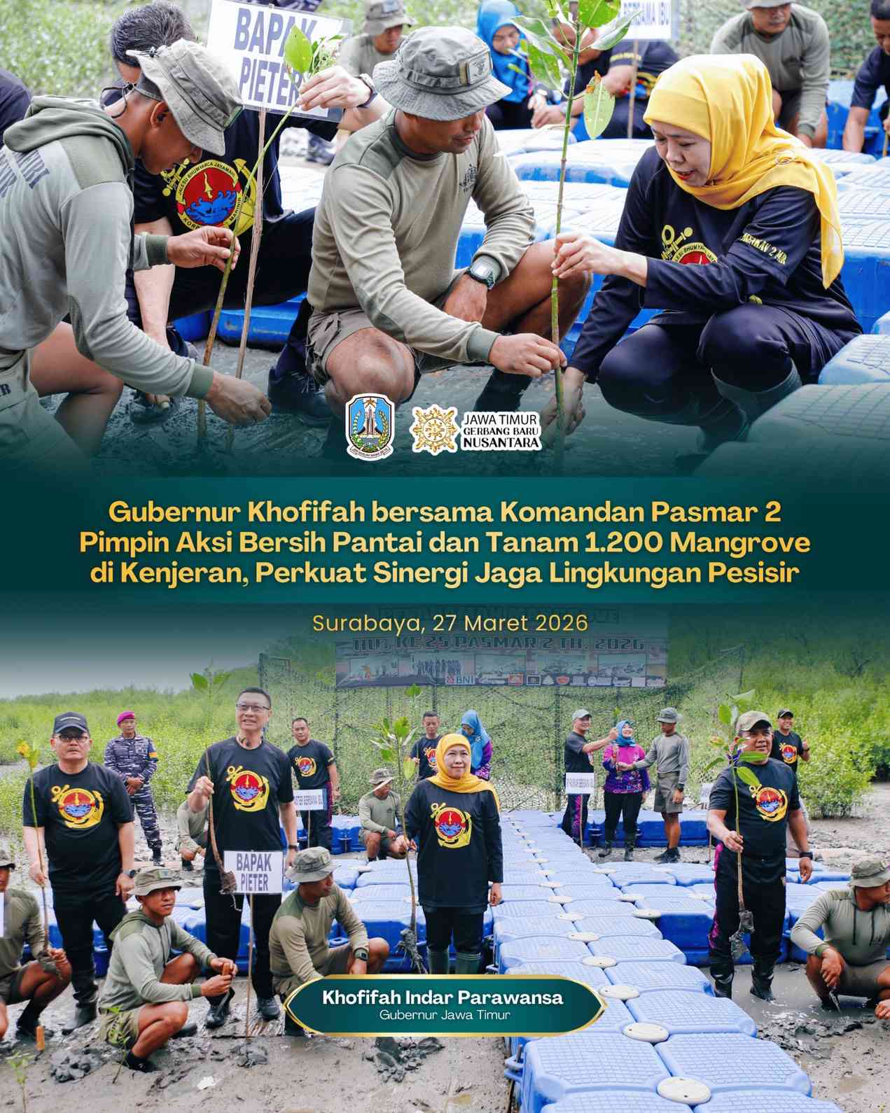 Gubernur Khofifah Bersama Pasmar 2 Gelar Aksi Lingkungan di Kenjeran, Tanam Mangrove dan Bersih Pantai