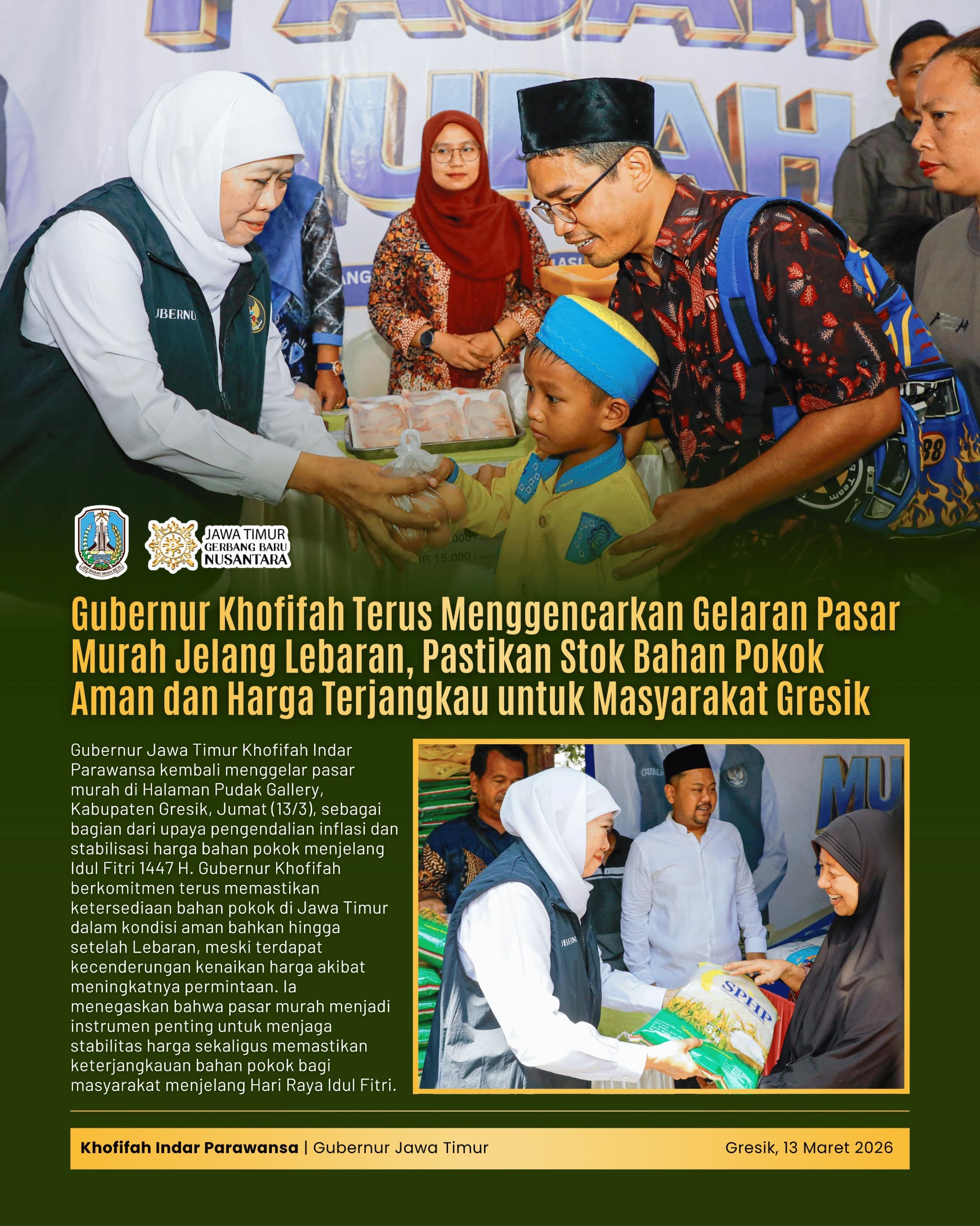 Gubernur Khofifah Tegaskan Pasar Murah Jadi Instrumen Pengendalian Inflasi dan Stabilisasi Harga Pangan