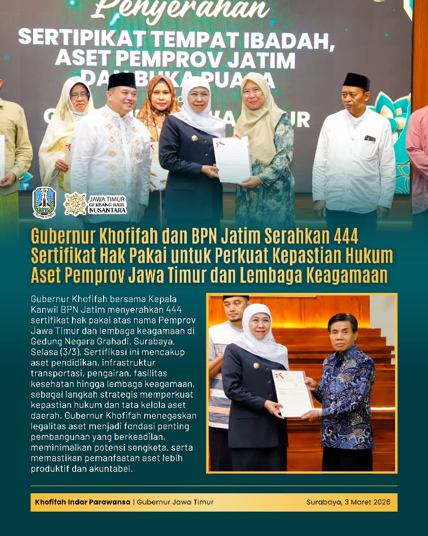 Gubernur Khofifah Perkenalkan Sinergi dengan BPN untuk Pemberian 444 Sertipikat Aset Pemprov dan Tempat Ibadah