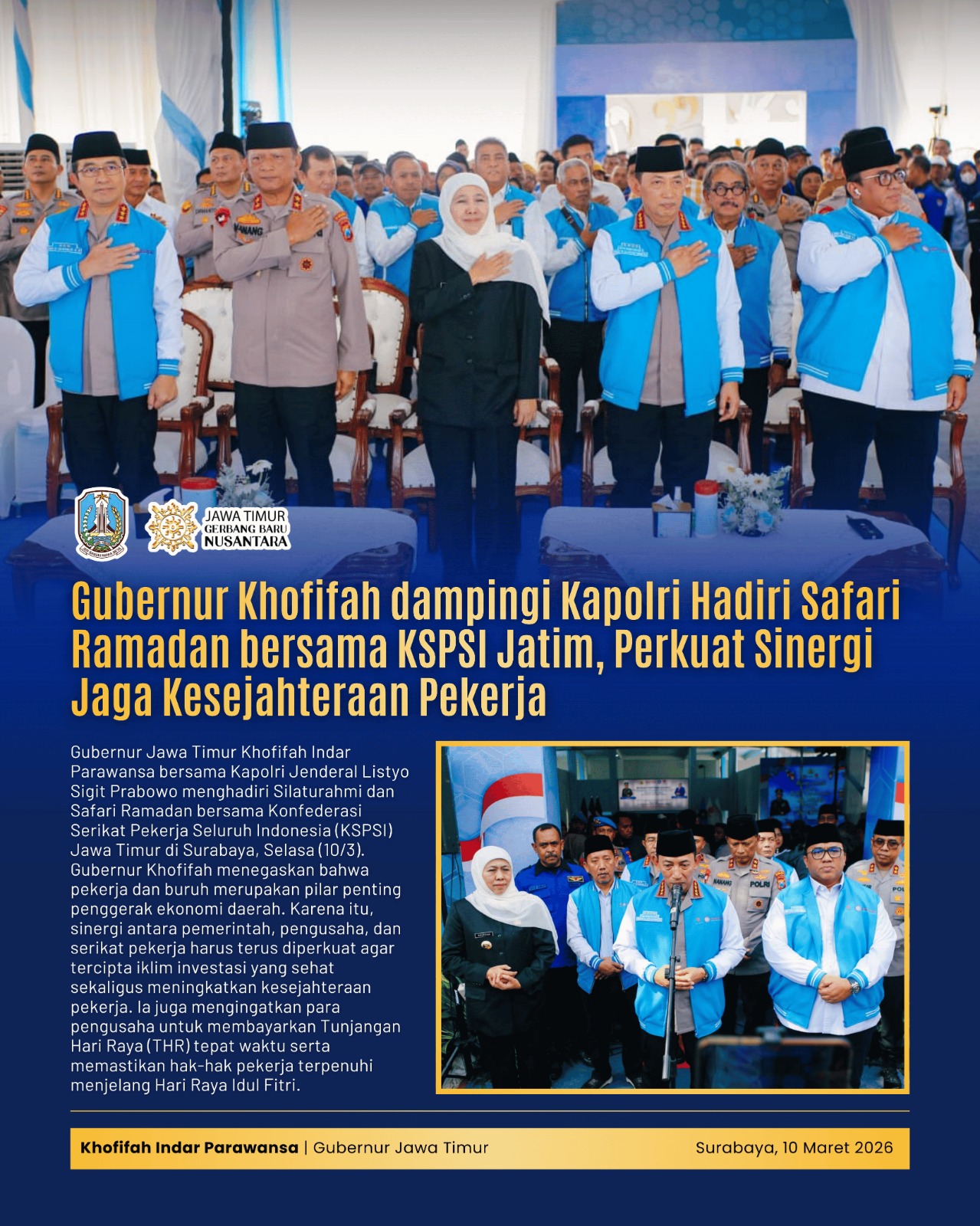 Gubernur Khofifah Sebut Pekerja Pilar Penting Penggerak Ekonomi Jawa Timur