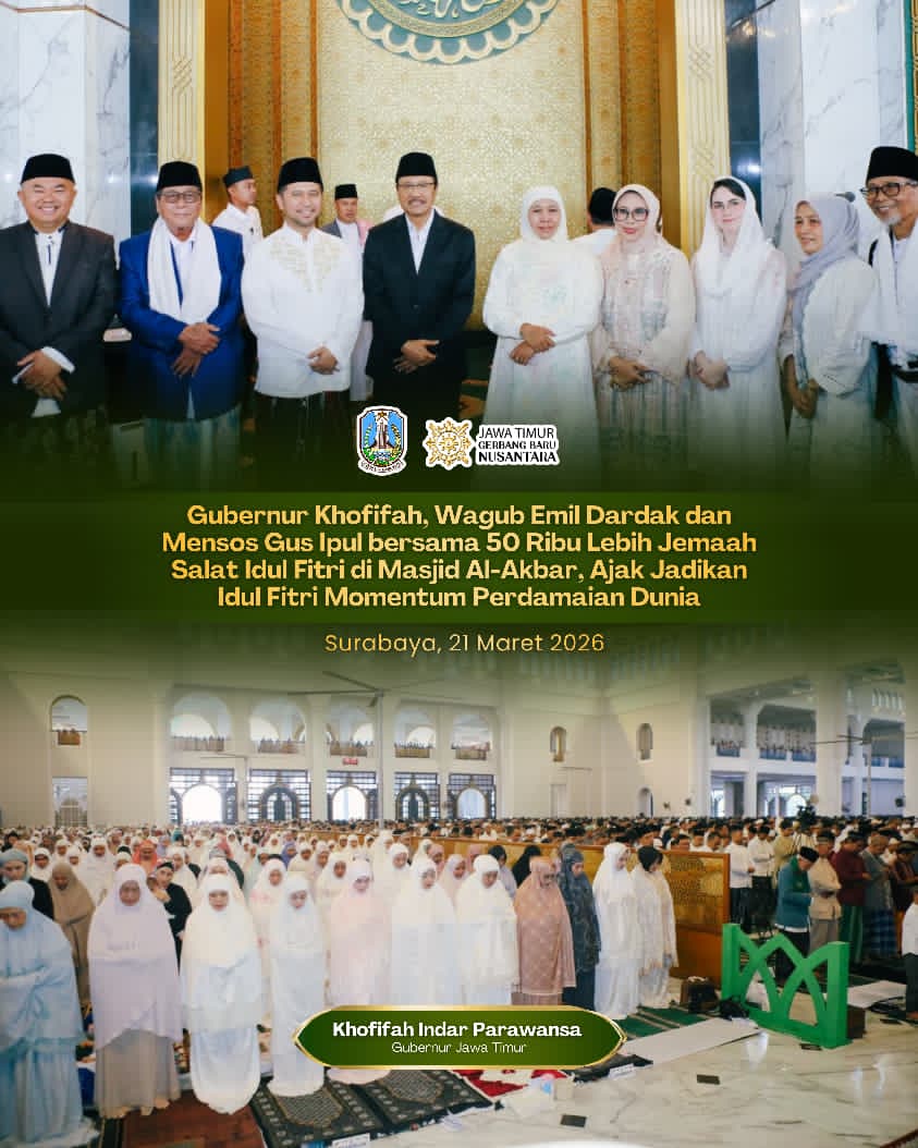 Gubernur Khofifah Salat Idul Fitri Bersama 50 Ribu Jemaah, Perkuat Pesan Damai dan Kebersamaan