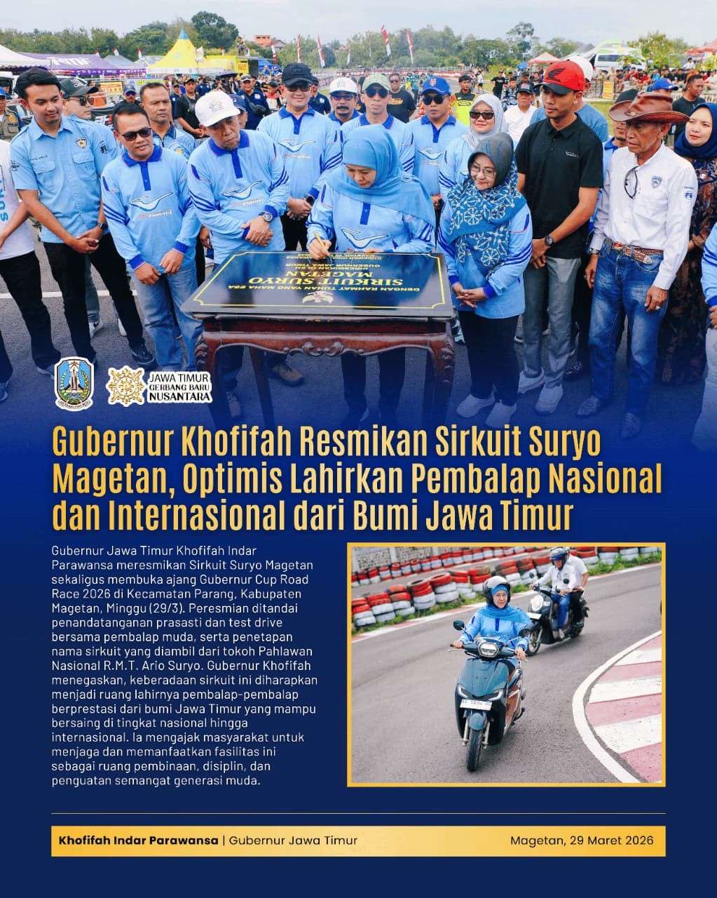 Gubernur Khofifah Perkuat Pembinaan Otomotif Jatim, Resmikan Sirkuit Suryo Magetan dan Buka Kejurprov 2026