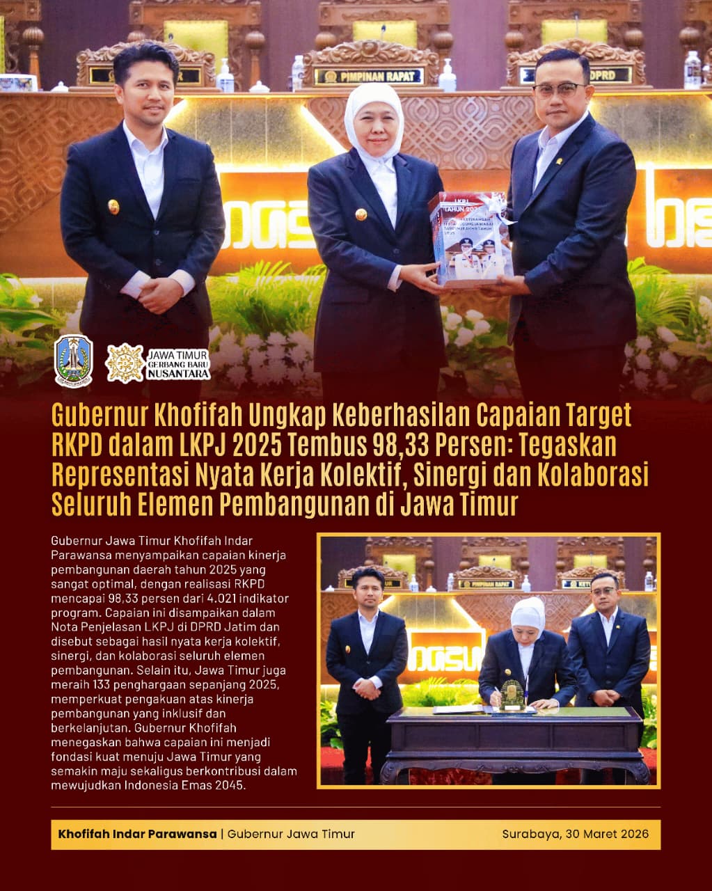Gubernur Khofifah Sampaikan LKPJ 2025, Tekankan Pengelolaan Keuangan Daerah Efektif dan Akuntabel