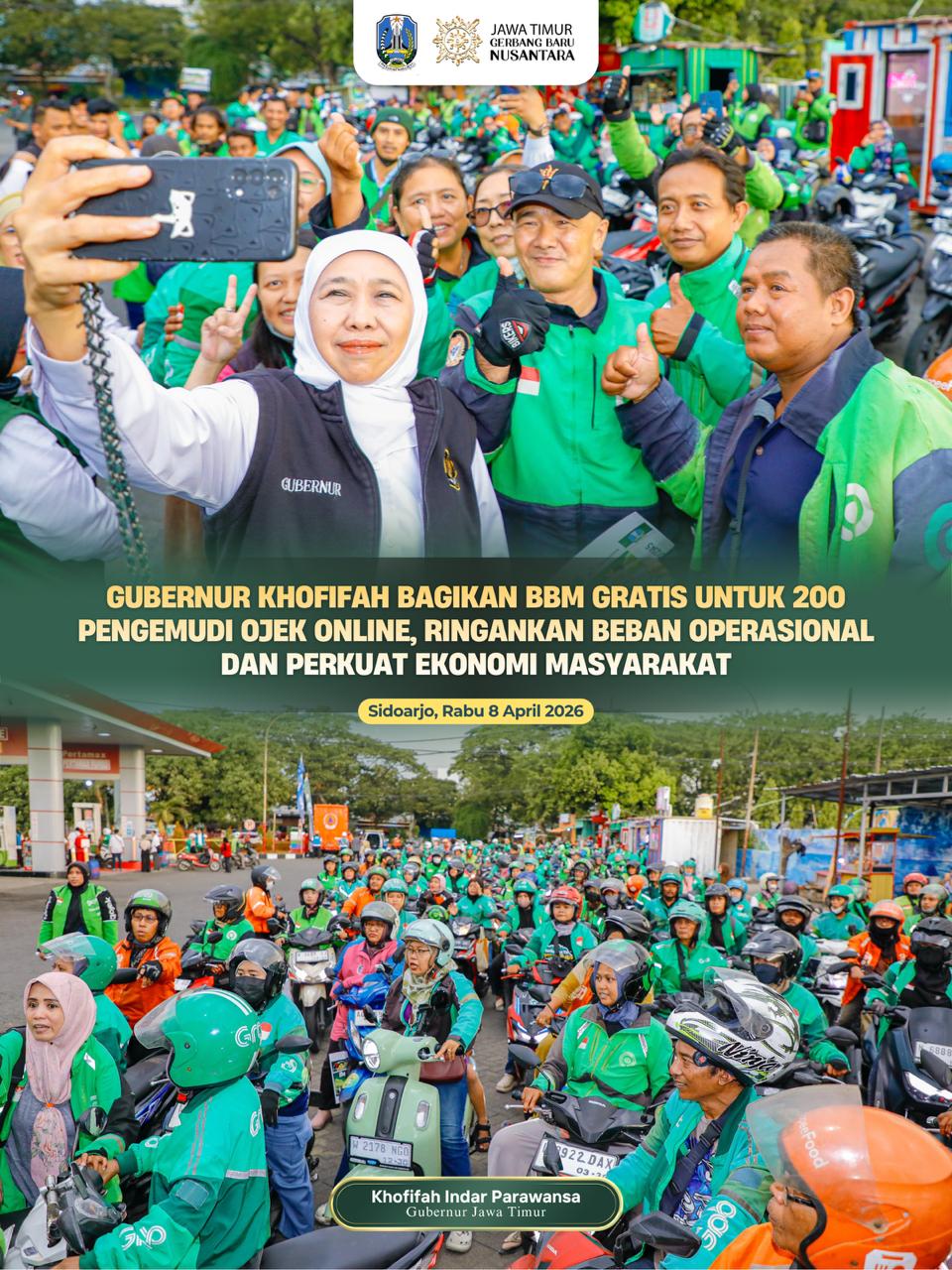 Gubernur Khofifah Berbagi BBM Gratis kepada Ojol, Wujud Kepedulian untuk Kurangi Beban Pengeluaran Harian