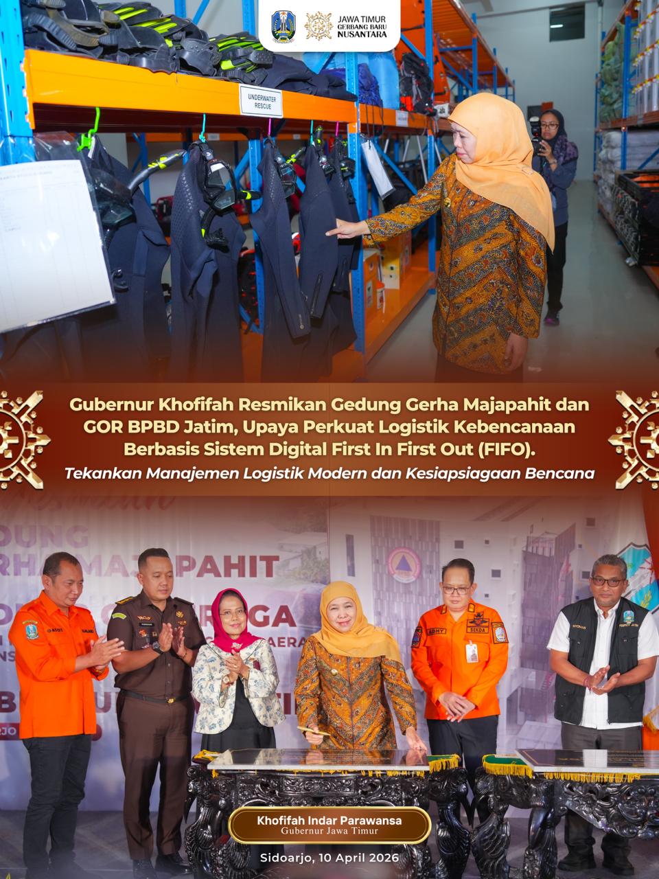 Gubernur Khofifah Resmikan Fasilitas BPBD Jatim, Dorong Tata Kelola Logistik Modern dan Akuntabel Berbasis Digital