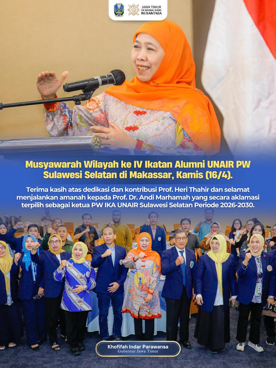 Gubernur Khofifah Tegaskan Pentingnya Sinergi SDM dan Riset di Muswil IKA UNAIR Sulsel untuk Percepat Pembangunan Nasional