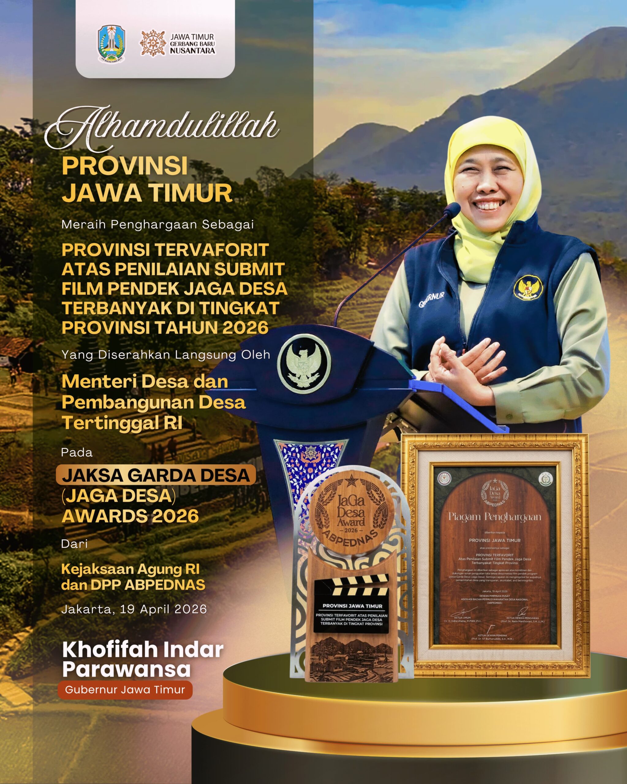 Gubernur Khofifah Apresiasi Capaian Jatim sebagai Provinsi Terfavorit Jaga Desa Award 2026, Dorong Tata Kelola Desa Transparan