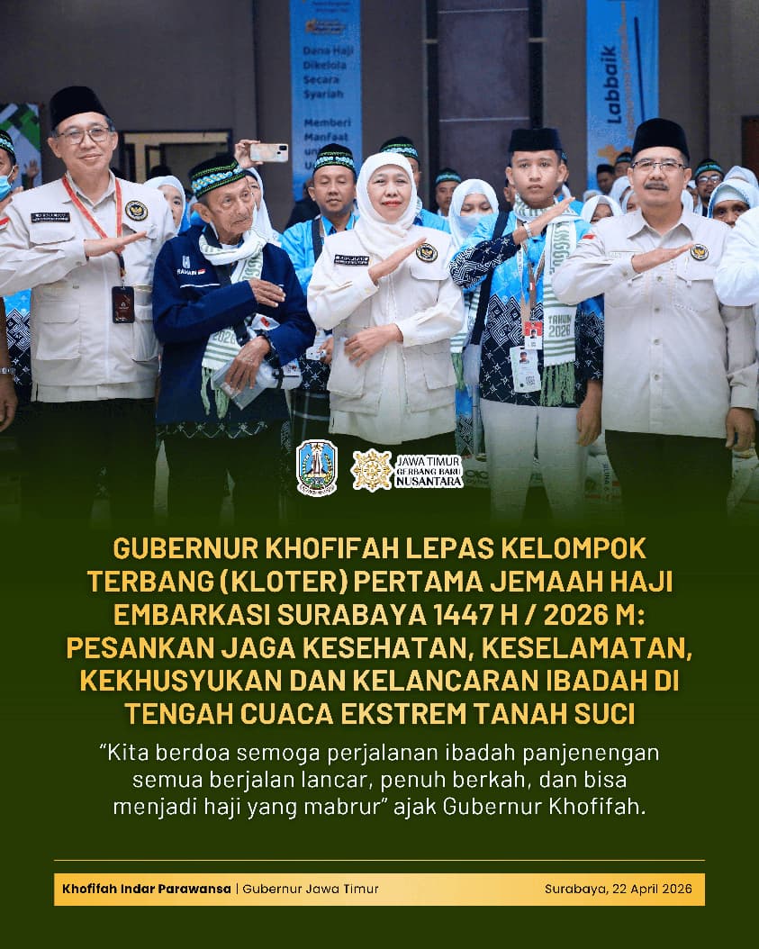 Gubernur Khofifah Lepas 380 Jemaah Haji Kloter Pertama Embarkasi Surabaya, Doakan Perjalanan Lancar dan Haji Mabrur