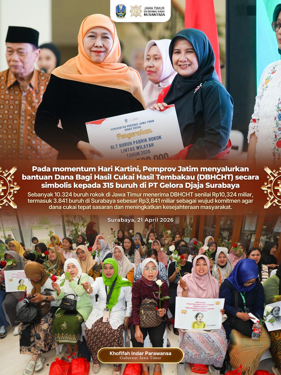 Gubernur Khofifah Perkuat Pemberdayaan Perempuan Jatim melalui Bantuan DBHCHT dan Program KIP Putri Jawara di Surabaya