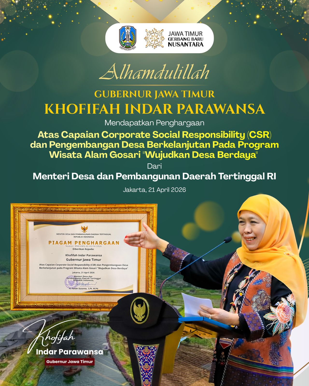 Gubernur Khofifah Apresiasi Desa Gosari Raih Penghargaan Nasional, Bukti CSR Mampu Sejahterakan Desa
