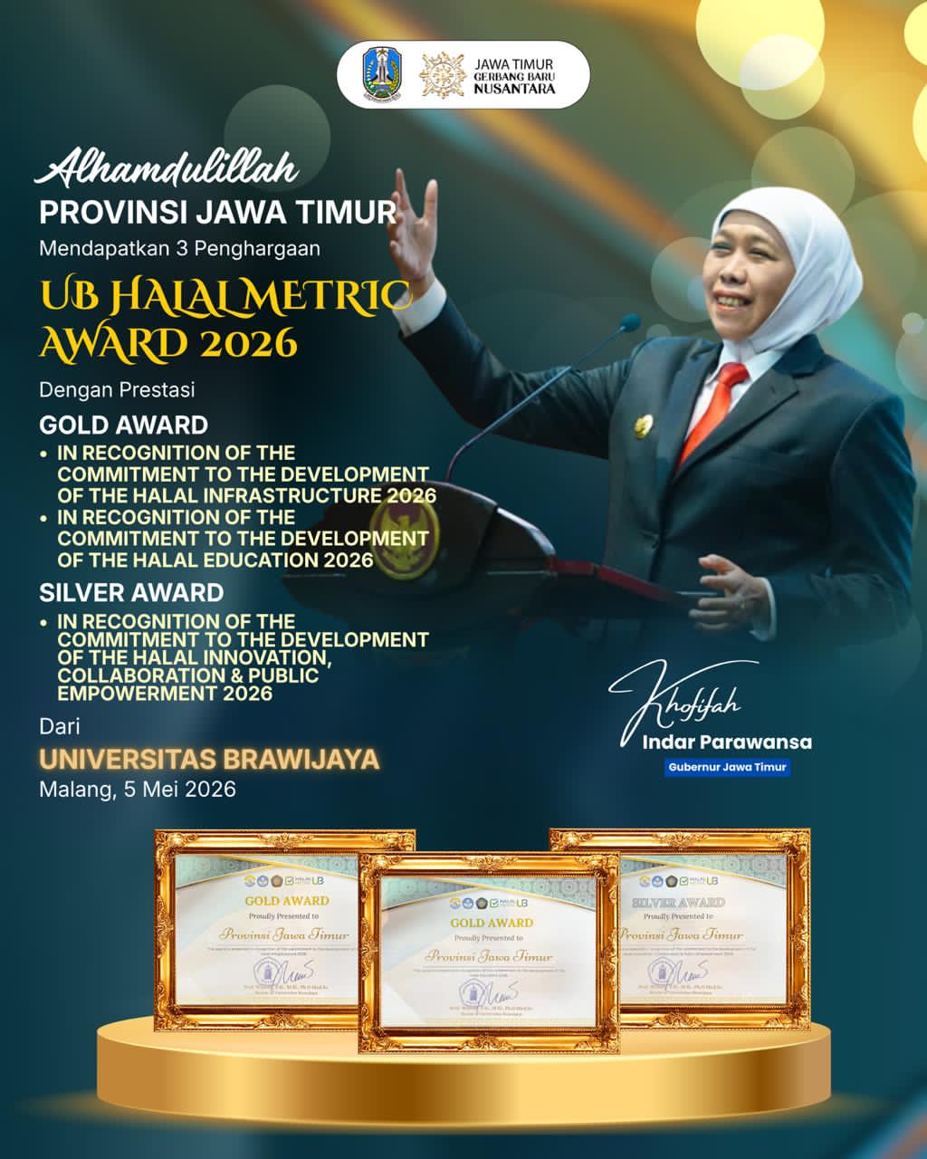 Gubernur Khofifah Antar Jatim Sabet Dua Gold dan Satu Silver di UB Halal Metric Award 2026
