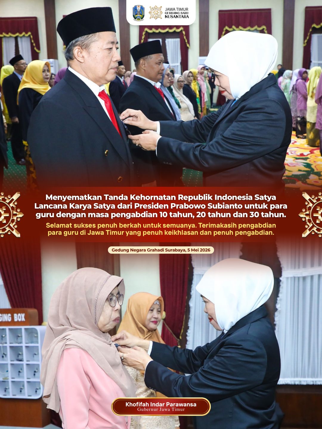 Gubernur Khofifah Sematkan Penghargaan Presiden kepada 400 Guru, Wujud Hormat bagi Insan Pendidikan