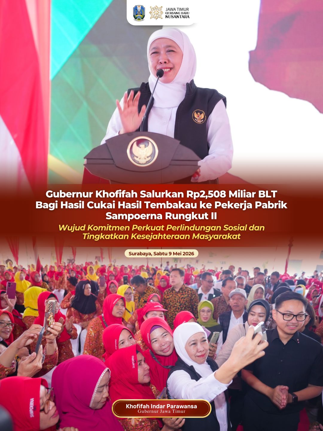 Gubernur Khofifah Salurkan Bantuan Sosial Rp2,508 Miliar untuk Buruh Rokok Sampoerna Rungkut II Surabaya