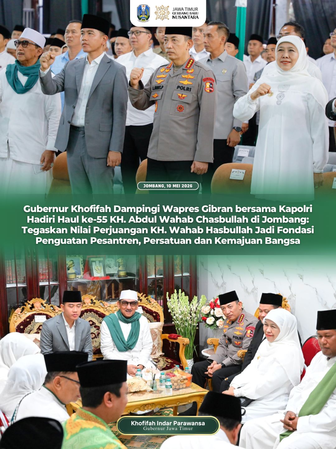Gubernur Khofifah Bersama Wapres Gibran dan Kapolri Hadiri Haul ke-55 KH Abdul Wahab Chasbullah
