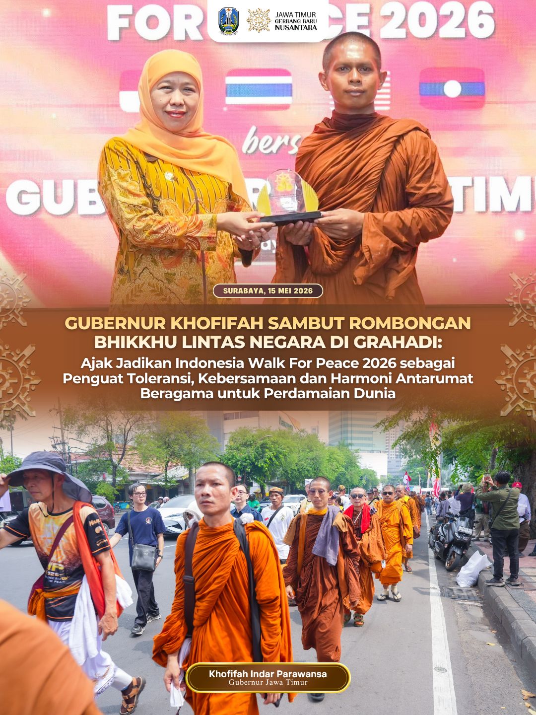 Gubernur Khofifah Sambut 57 Bhikkhu Walk for Peace, Serukan Perdamaian dan Kebahagiaan Universal