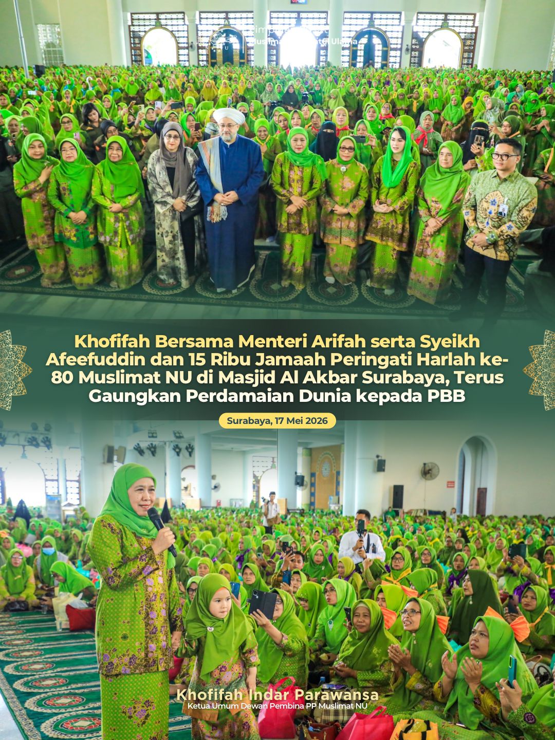 Dari Masjid Al Akbar Surabaya, Gubernur Khofifah dan Muslimat NU Gaungkan Seruan Hentikan Perang kepada PBB