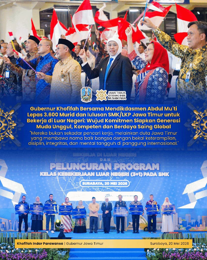 Bersama Mendikdasmen Abdul Mu’ti, Gubernur Khofifah Lepas Ribuan Lulusan SMK dan LKP Jatim ke Berbagai Negara Tujuan Kerja Dunia