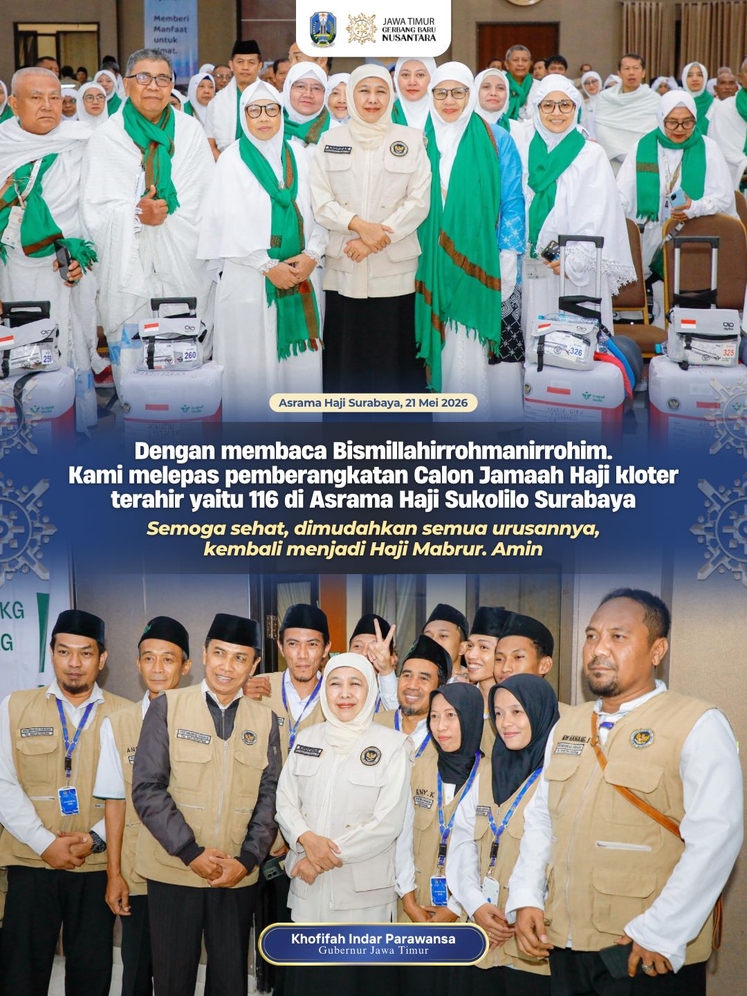 Gubernur Khofifah Lepas 370 Jamaah Kloter Terakhir Embarkasi Surabaya, Jatim Jadi Provinsi dengan Jamaah Haji Terbanyak Nasional