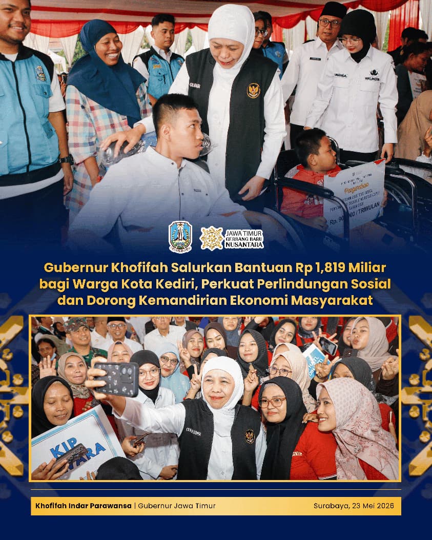 Salurkan Bansos Rp1,819 Miliar di Kota Kediri, Gubernur Khofifah Dorong Masyarakat Rentan Lebih Mandiri dan Produktif