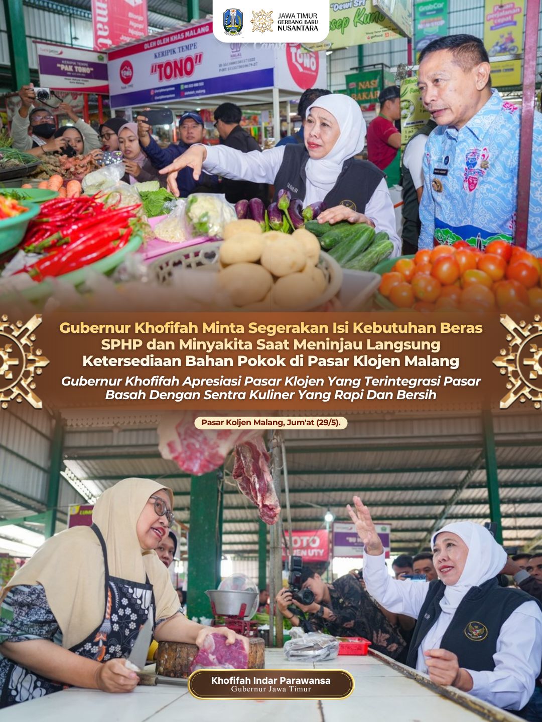Gubernur Khofifah Soroti Ketersediaan Beras SPHP dan Minyakita di Pasar Klojen, Dorong Langkah Cepat Jaga Keterjangkauan Harga bagi Masyarakat