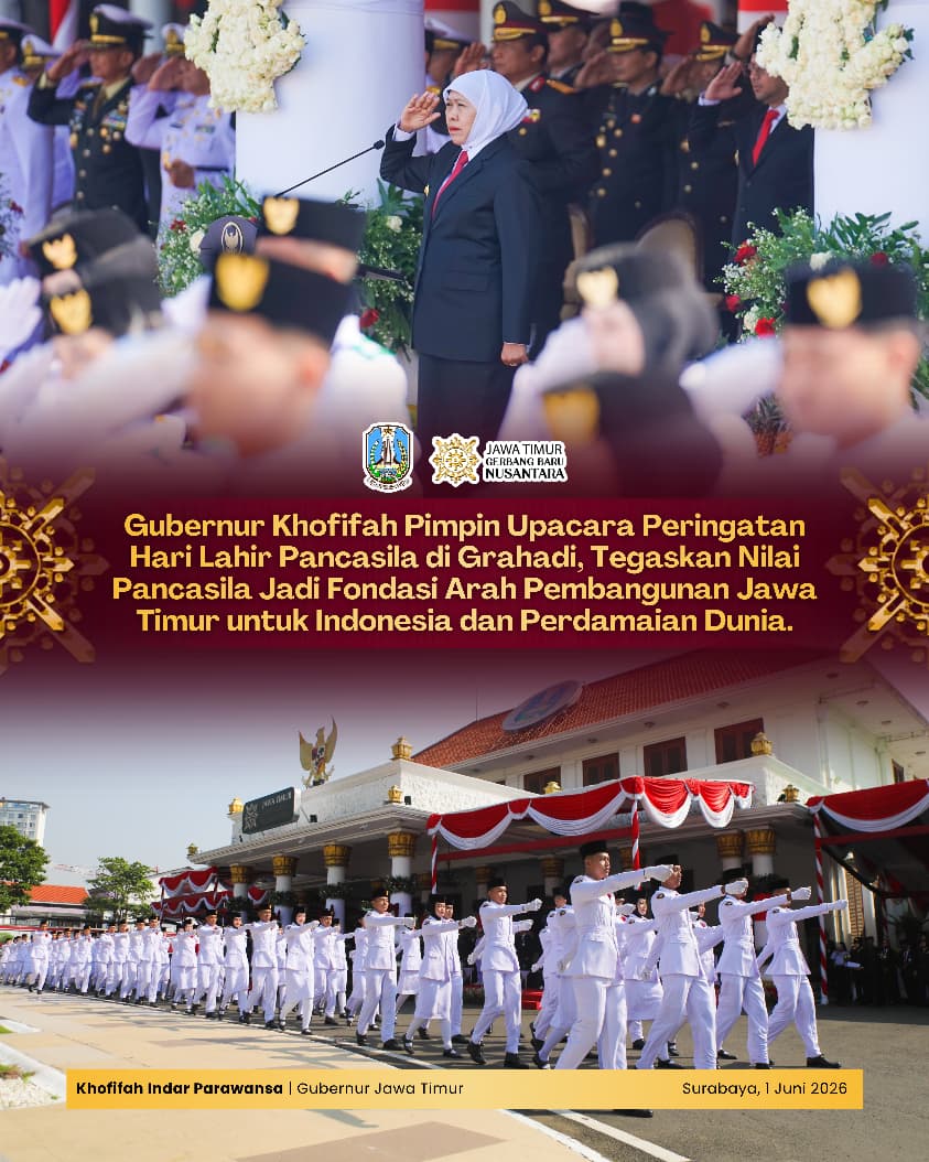 Pada Peringatan Hari Lahir Pancasila, Gubernur Khofifah Ajak Masyarakat Menyalakan Semangat Persatuan dan Keadilan Sosial