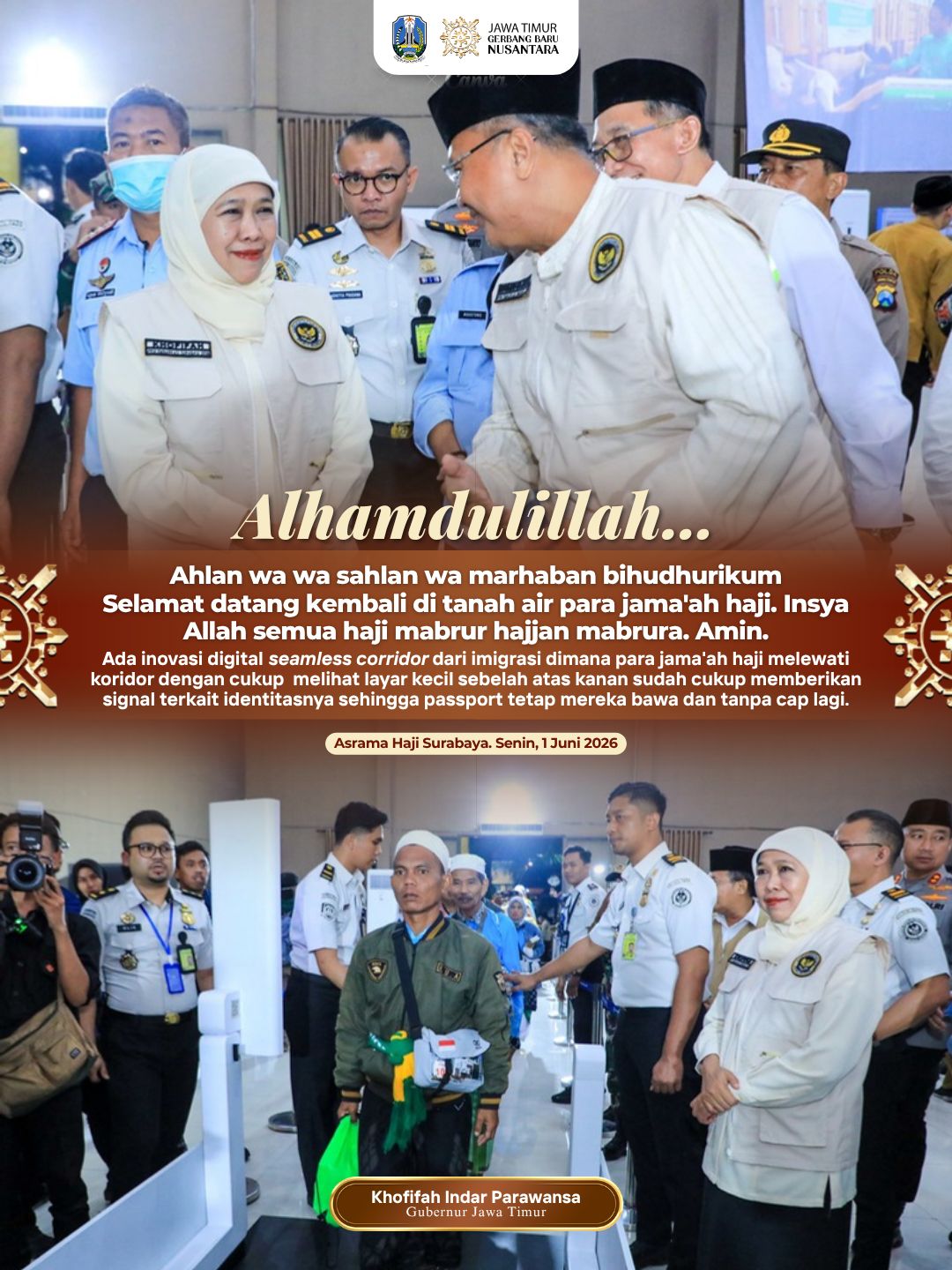 Gubernur Khofifah Apresiasi Teknologi Seamless Corridor yang Permudah dan Percepat Layanan Kepulangan Jemaah Haji