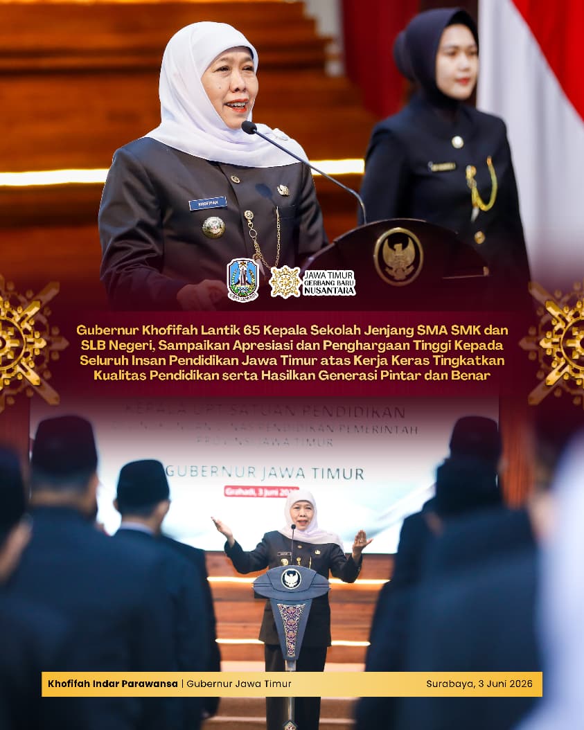 Saat Lantik 65 Kepala Sekolah, Gubernur Khofifah Tekankan Pendidikan Berkualitas dan Berkarakter sebagai Kunci Indonesia Emas 2045
