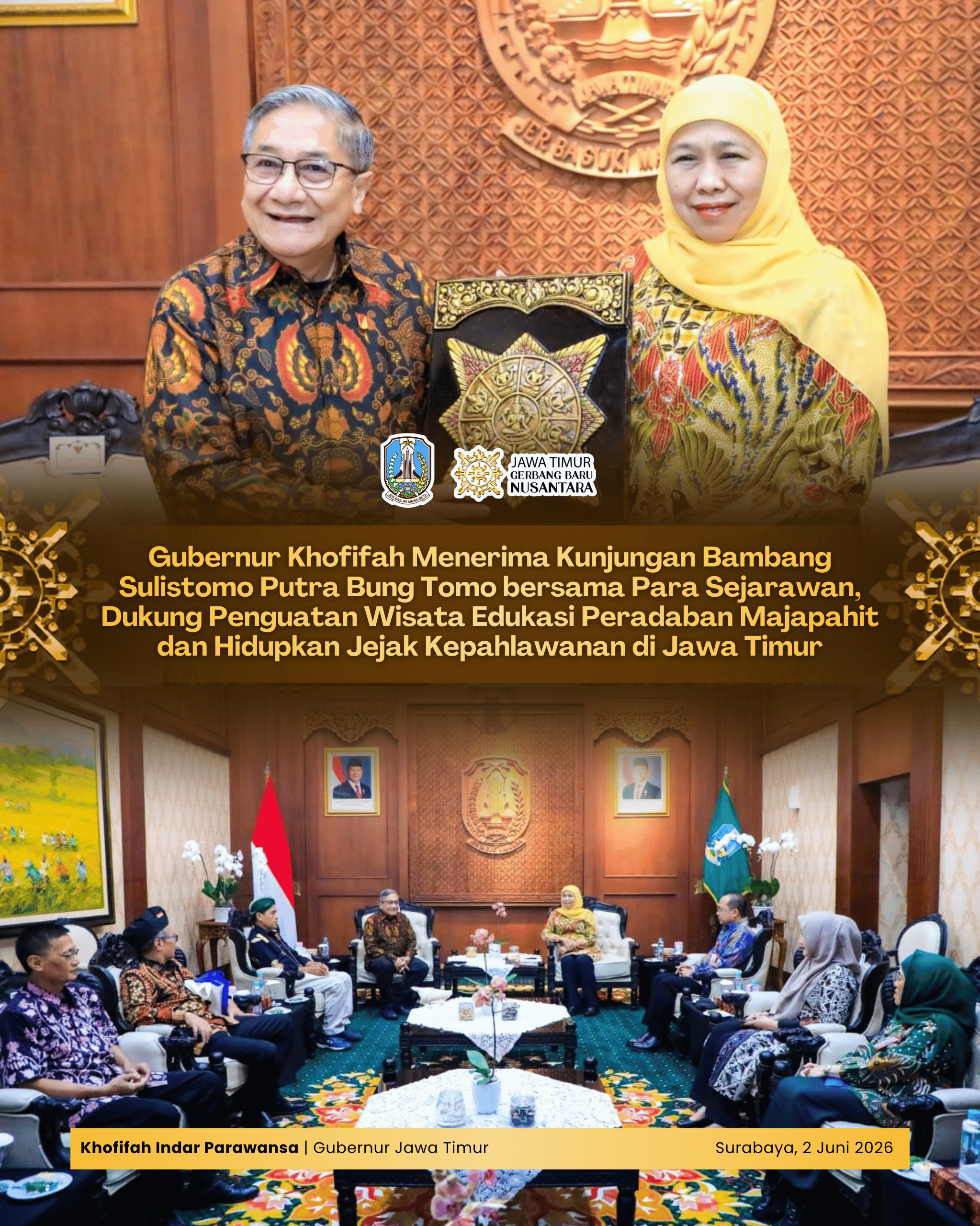 Gubernur Khofifah Dukung Pengembangan Taman Perdamaian Dunia Soerjo Modjopahit sebagai Destinasi Edukasi Sejarah
