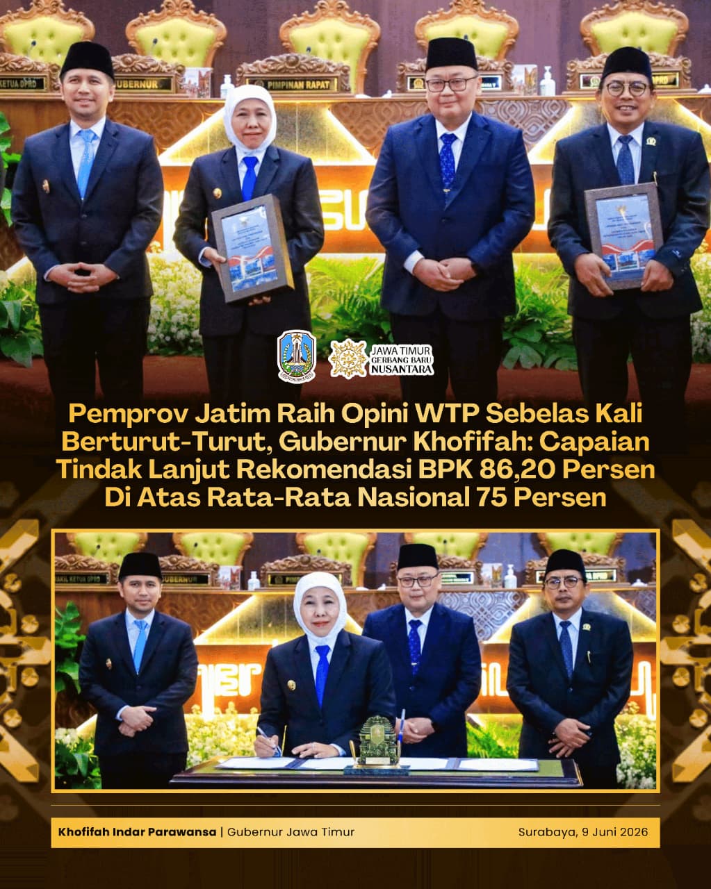 Gubernur Khofifah: Tindak Lanjut Rekomendasi BPK Pemprov Jatim Capai 86,20 Persen, Melampaui Rata-Rata Nasional