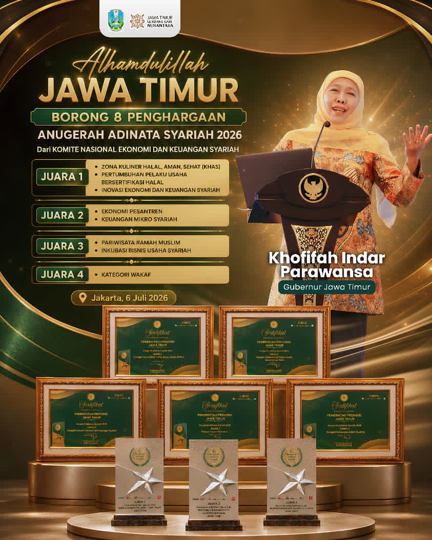 Jatim Borong Delapan Penghargaan Anugerah Adinata Syariah 2026, Gubernur Khofifah Tegaskan Kesiapan Jadi Motor Industri Halal Nasional
